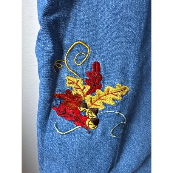 Holiday Editions Harvest Fall Autumn Embroidered Leaves Denim Button Down Shirt - Picture 3 of 7